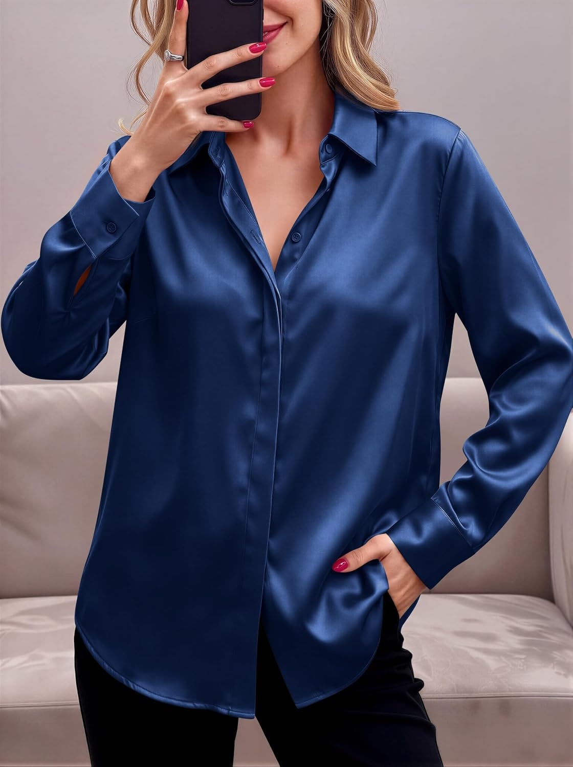image:imageZeagoo Satin Blouses for Women Casual Long Sleeve Button Down Silk Shirts Dressy Business Work Tunic TopNavy Blue