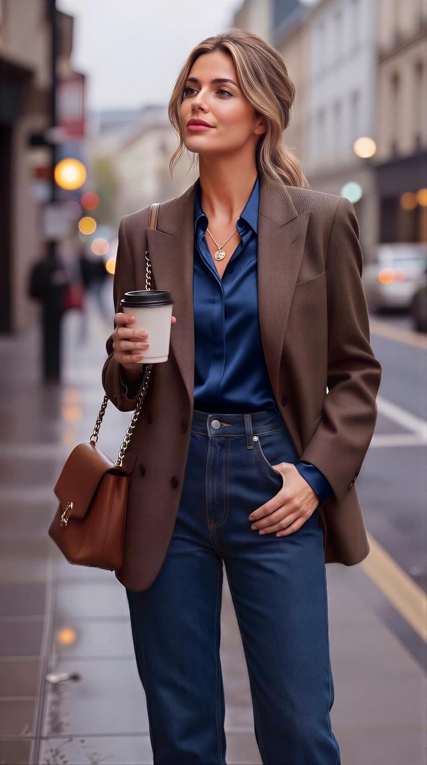 image:imageZeagoo Satin Blouses for Women Casual Long Sleeve Button Down Silk Shirts Dressy Business Work Tunic TopNavy Blue