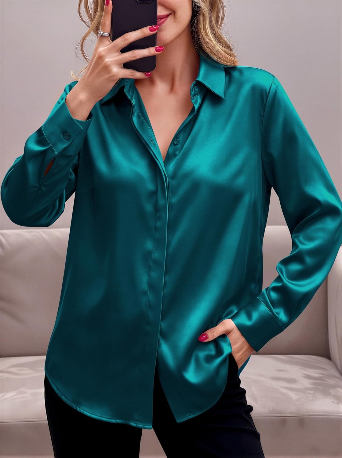 image:imageZeagoo Satin Blouses for Women Casual Long Sleeve Button Down Silk Shirts Dressy Business Work Tunic TopPeacock Blue