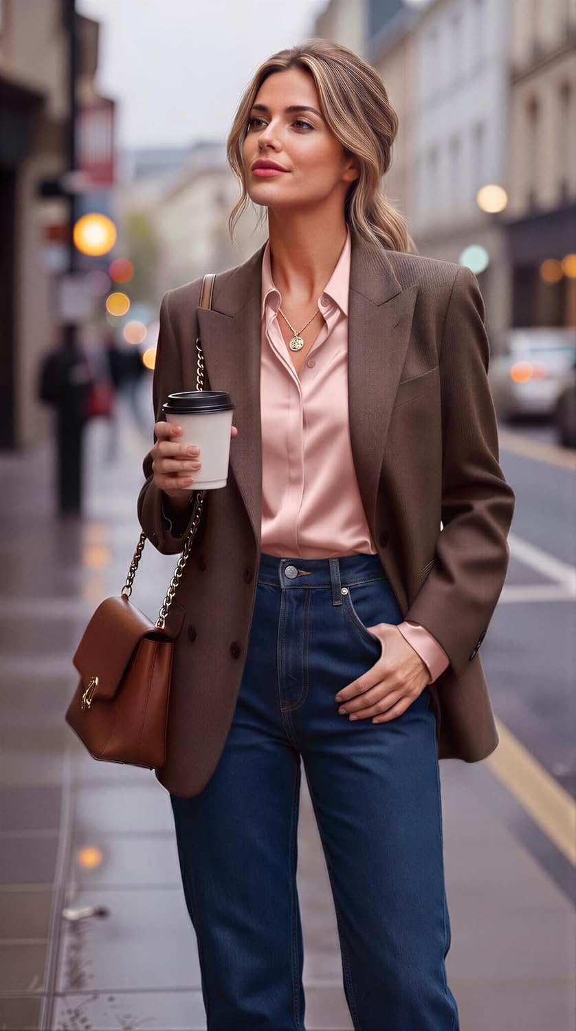 image:imageZeagoo Satin Blouses for Women Casual Long Sleeve Button Down Silk Shirts Dressy Business Work Tunic TopPink