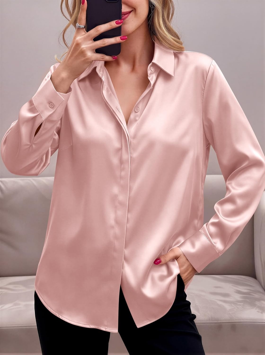 image:imageZeagoo Satin Blouses for Women Casual Long Sleeve Button Down Silk Shirts Dressy Business Work Tunic TopPink