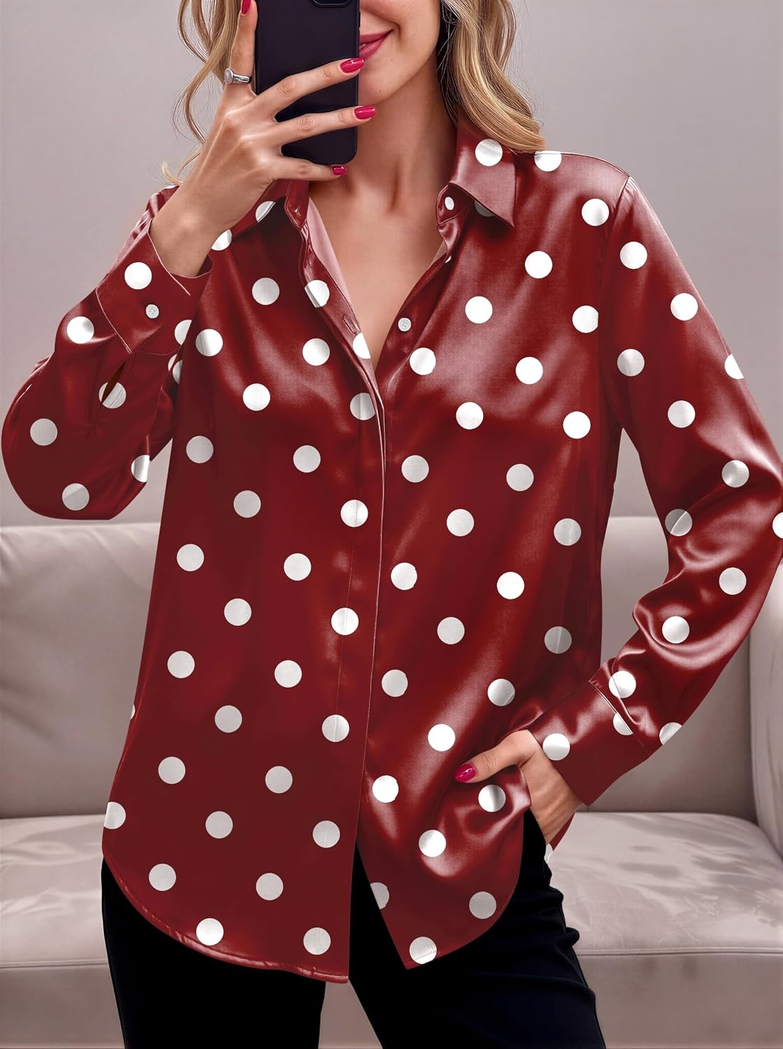 image:imageZeagoo Satin Blouses for Women Casual Long Sleeve Button Down Silk Shirts Dressy Business Work Tunic TopPolka Dot Red