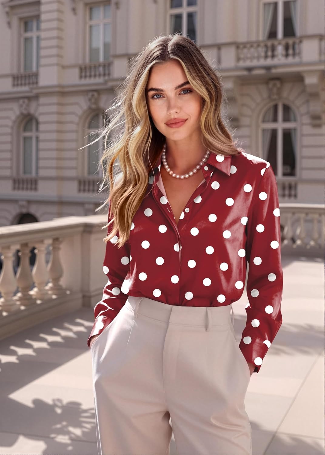 image:imageZeagoo Satin Blouses for Women Casual Long Sleeve Button Down Silk Shirts Dressy Business Work Tunic TopPolka Dot Red