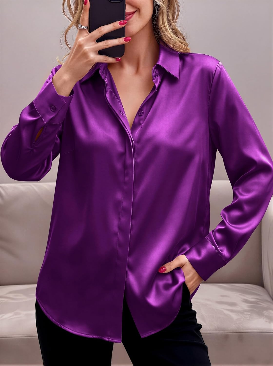 image:imageZeagoo Satin Blouses for Women Casual Long Sleeve Button Down Silk Shirts Dressy Business Work Tunic TopPurple