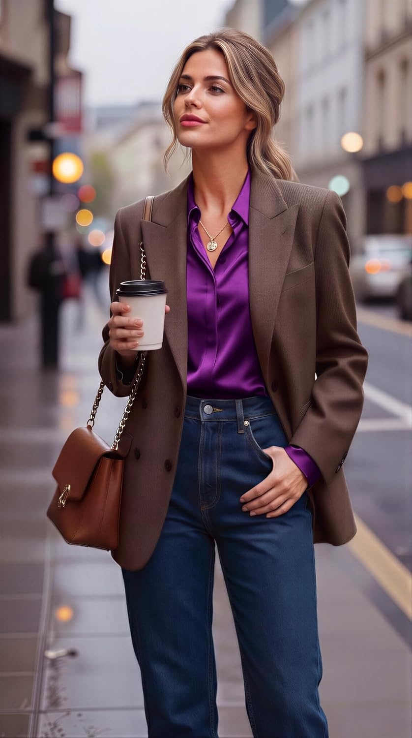 image:imageZeagoo Satin Blouses for Women Casual Long Sleeve Button Down Silk Shirts Dressy Business Work Tunic TopPurple