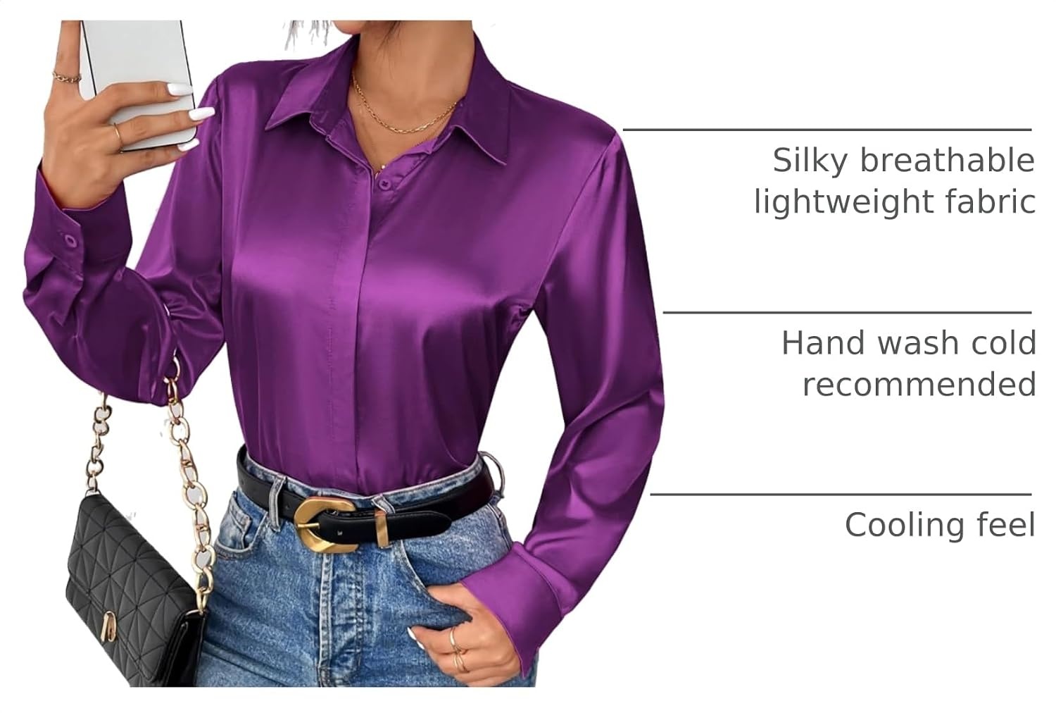 image:imageZeagoo Satin Blouses for Women Casual Long Sleeve Button Down Silk Shirts Dressy Business Work Tunic TopPurple