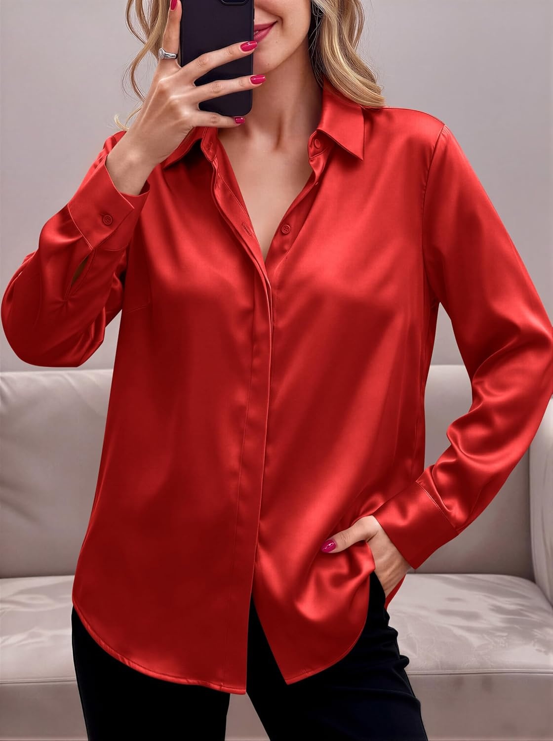 image:imageZeagoo Satin Blouses for Women Casual Long Sleeve Button Down Silk Shirts Dressy Business Work Tunic TopRed