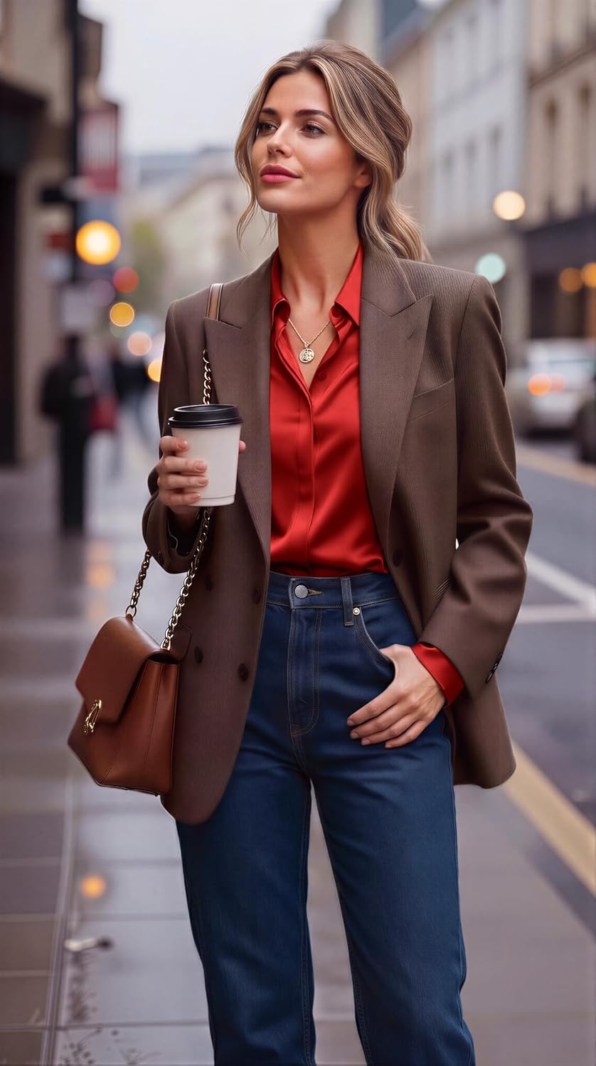 image:imageZeagoo Satin Blouses for Women Casual Long Sleeve Button Down Silk Shirts Dressy Business Work Tunic TopRed