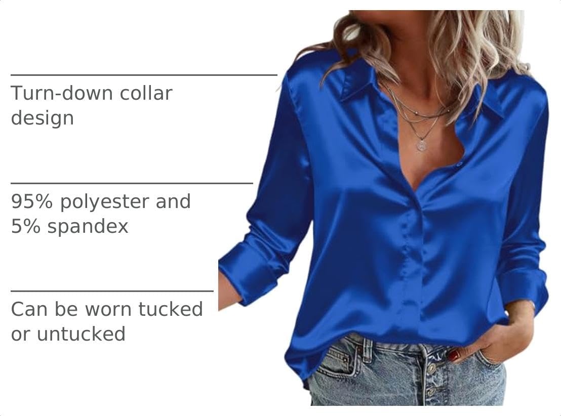 image:imageZeagoo Satin Blouses for Women Casual Long Sleeve Button Down Silk Shirts Dressy Business Work Tunic TopRoyal Blue