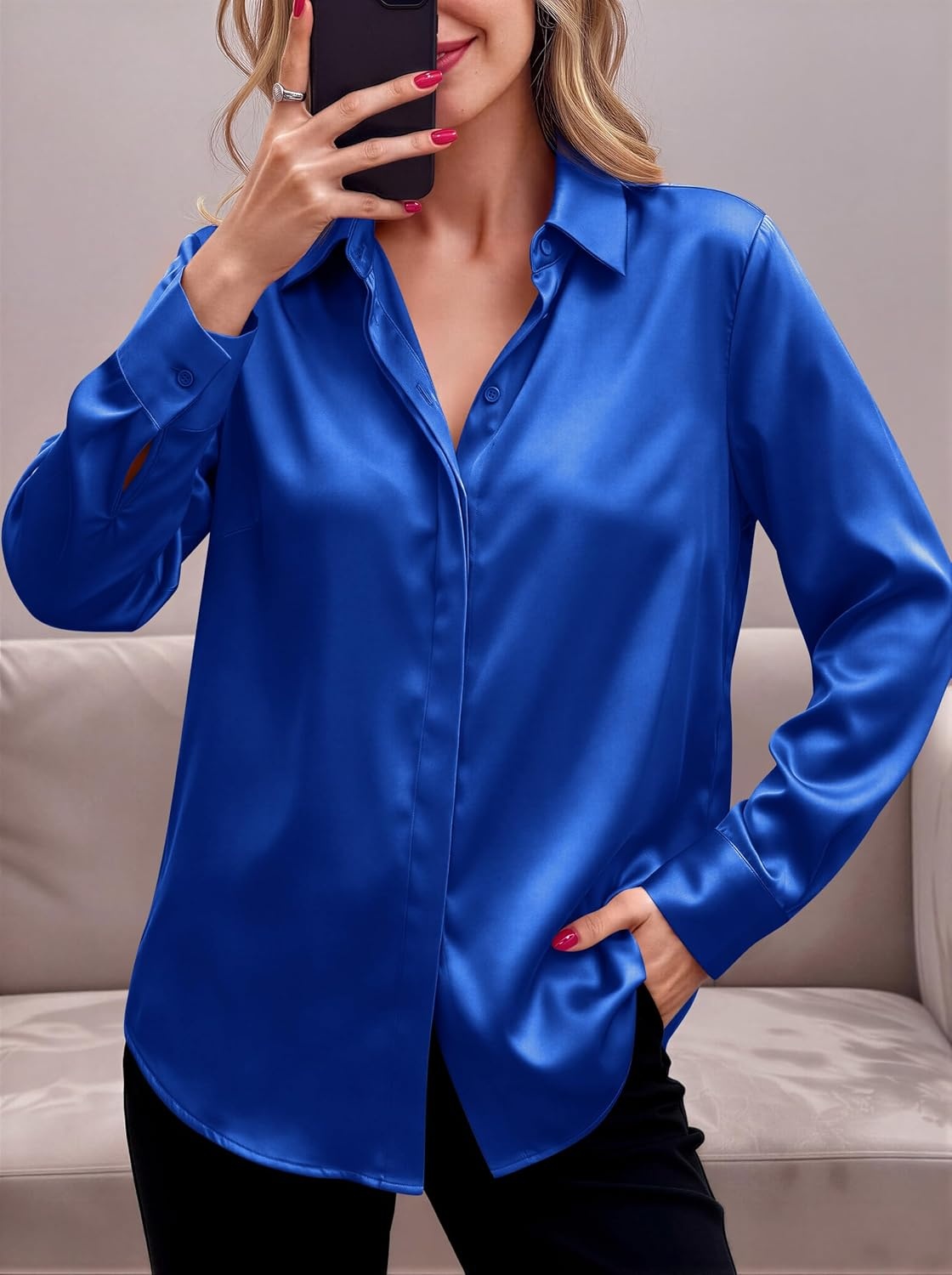 image:imageZeagoo Satin Blouses for Women Casual Long Sleeve Button Down Silk Shirts Dressy Business Work Tunic TopRoyal Blue