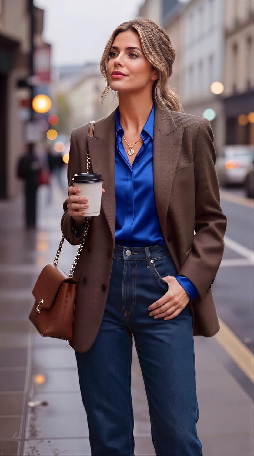 image:imageZeagoo Satin Blouses for Women Casual Long Sleeve Button Down Silk Shirts Dressy Business Work Tunic TopRoyal Blue