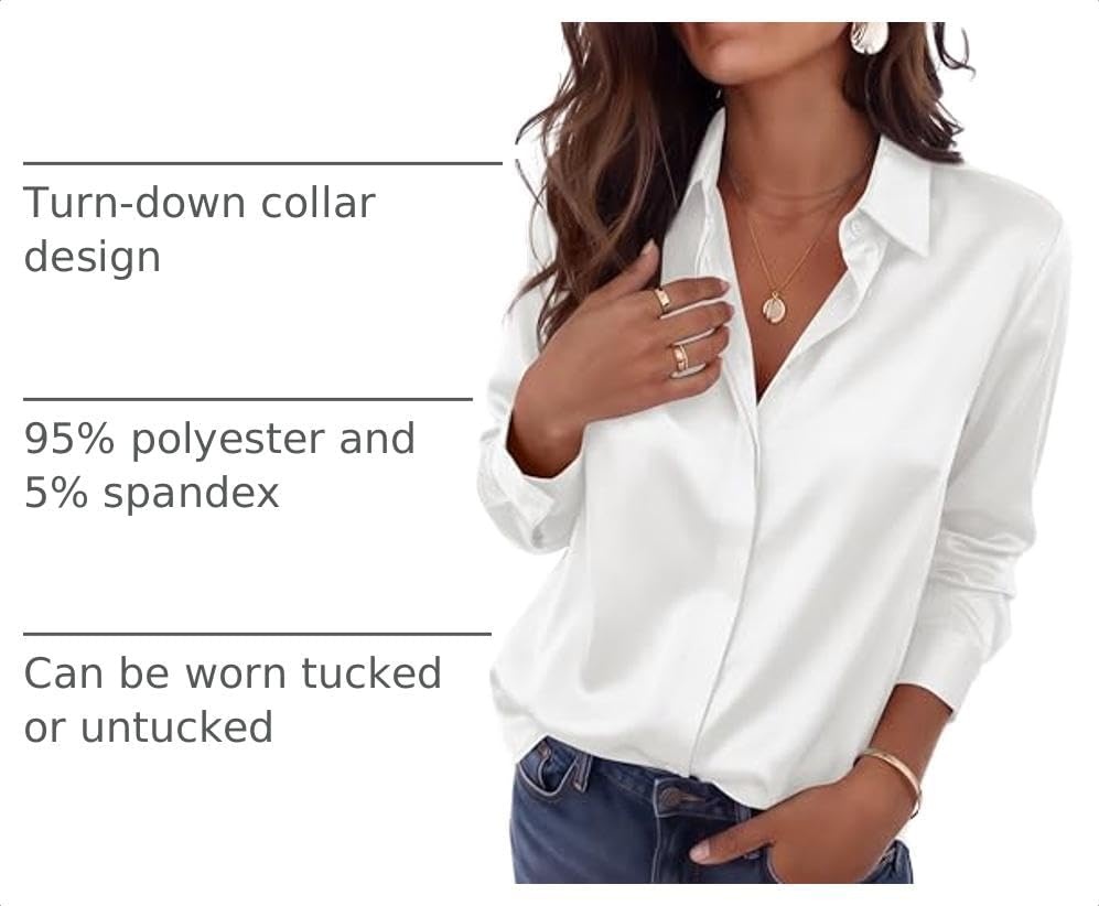 image:imageZeagoo Satin Blouses for Women Casual Long Sleeve Button Down Silk Shirts Dressy Business Work Tunic TopWhite