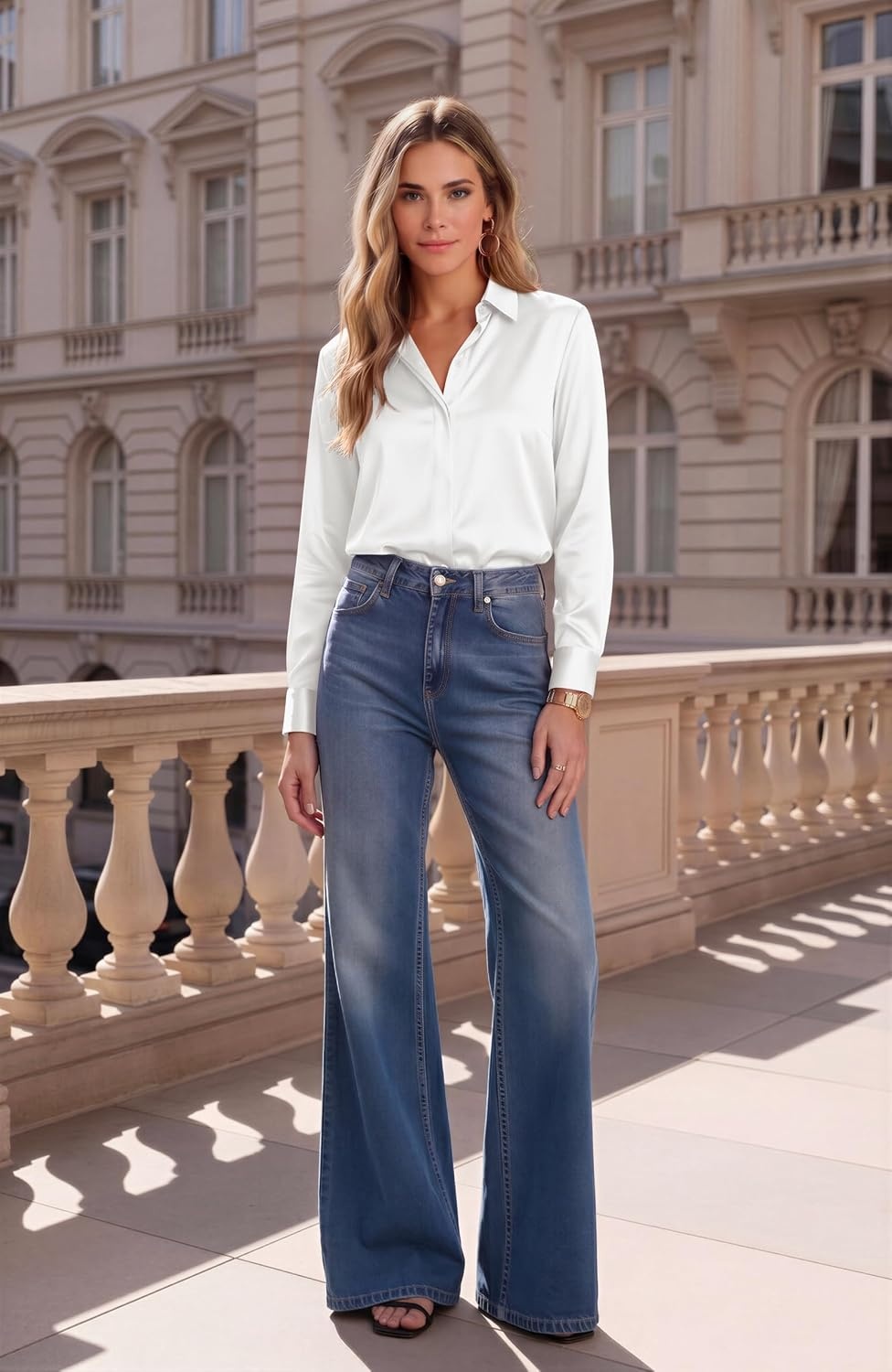 image:imageZeagoo Satin Blouses for Women Casual Long Sleeve Button Down Silk Shirts Dressy Business Work Tunic TopWhite