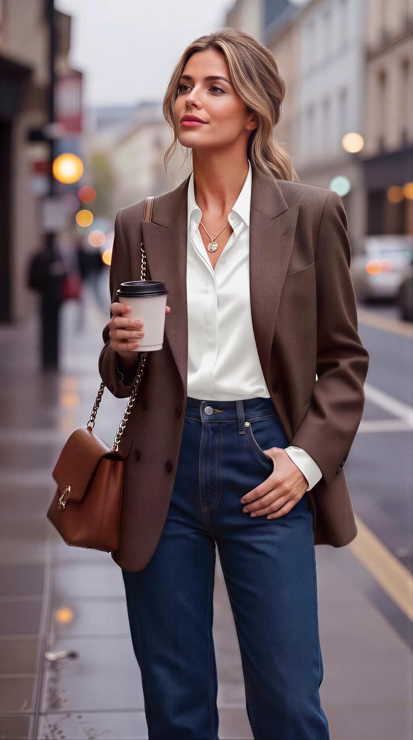 image:imageZeagoo Satin Blouses for Women Casual Long Sleeve Button Down Silk Shirts Dressy Business Work Tunic TopWhite