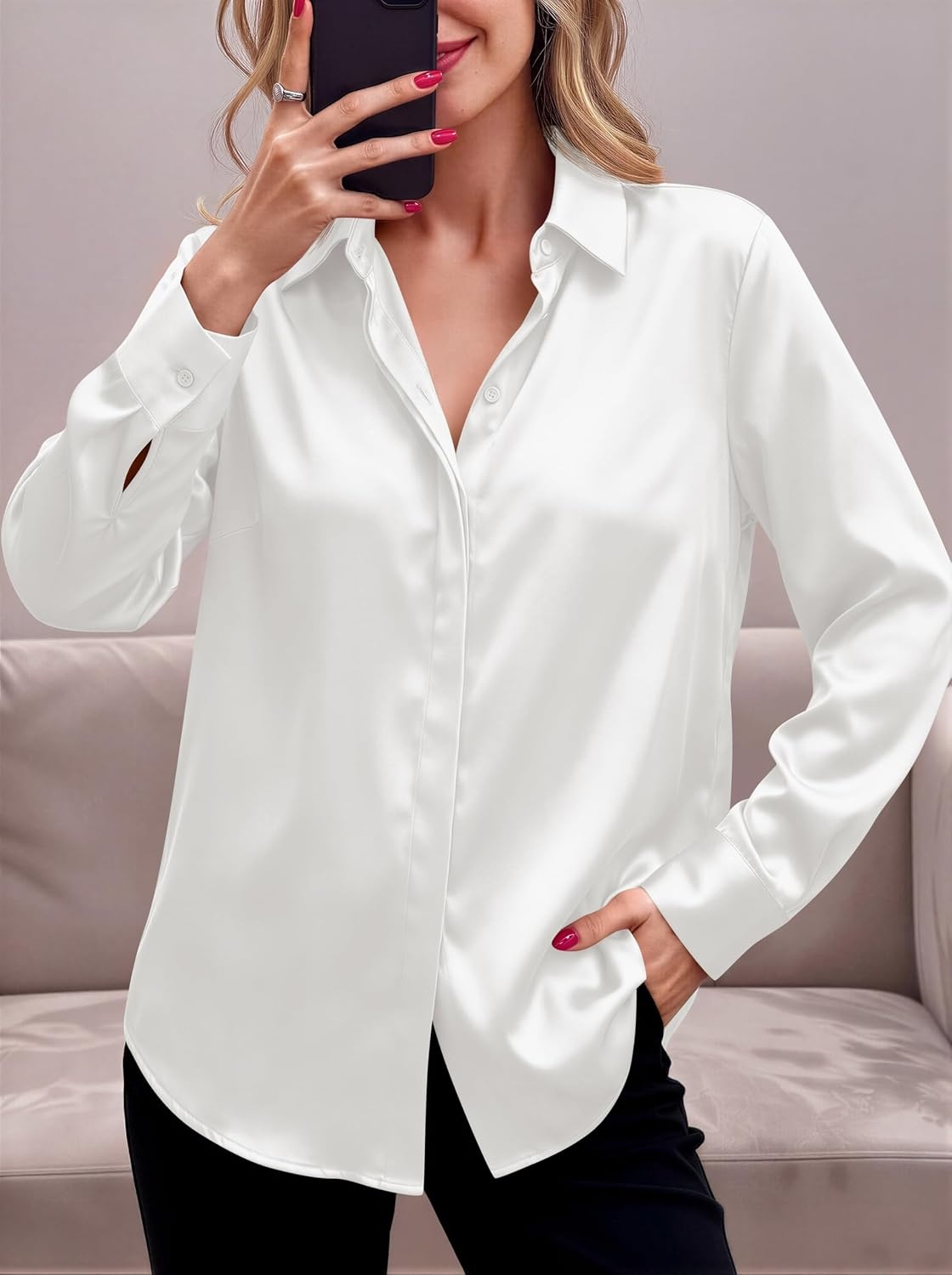 image:imageZeagoo Satin Blouses for Women Casual Long Sleeve Button Down Silk Shirts Dressy Business Work Tunic TopWhite