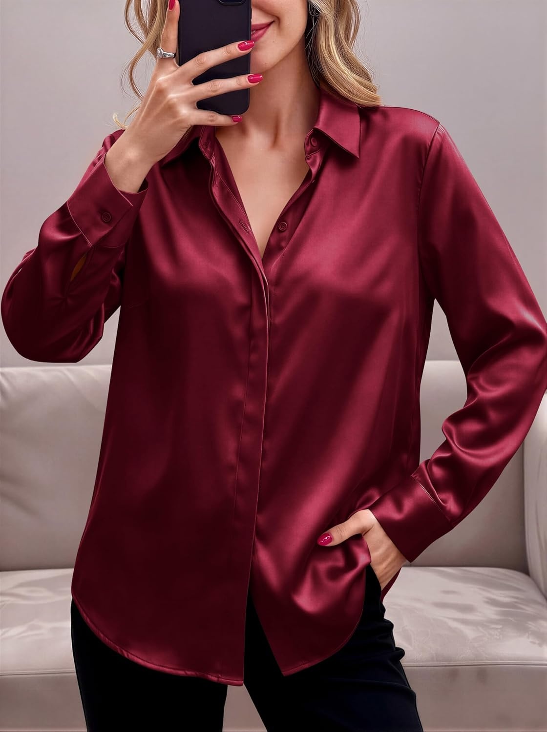 image:imageZeagoo Satin Blouses for Women Casual Long Sleeve Button Down Silk Shirts Dressy Business Work Tunic TopWine Red