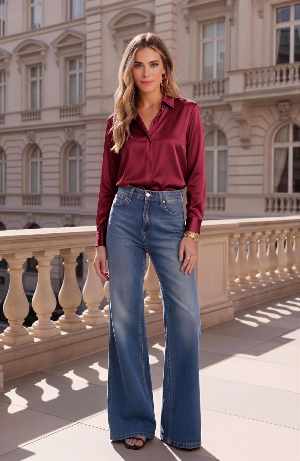 image:imageZeagoo Satin Blouses for Women Casual Long Sleeve Button Down Silk Shirts Dressy Business Work Tunic TopWine Red