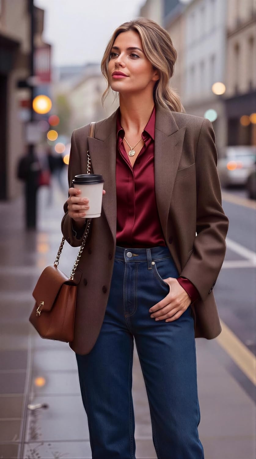 image:imageZeagoo Satin Blouses for Women Casual Long Sleeve Button Down Silk Shirts Dressy Business Work Tunic TopWine Red