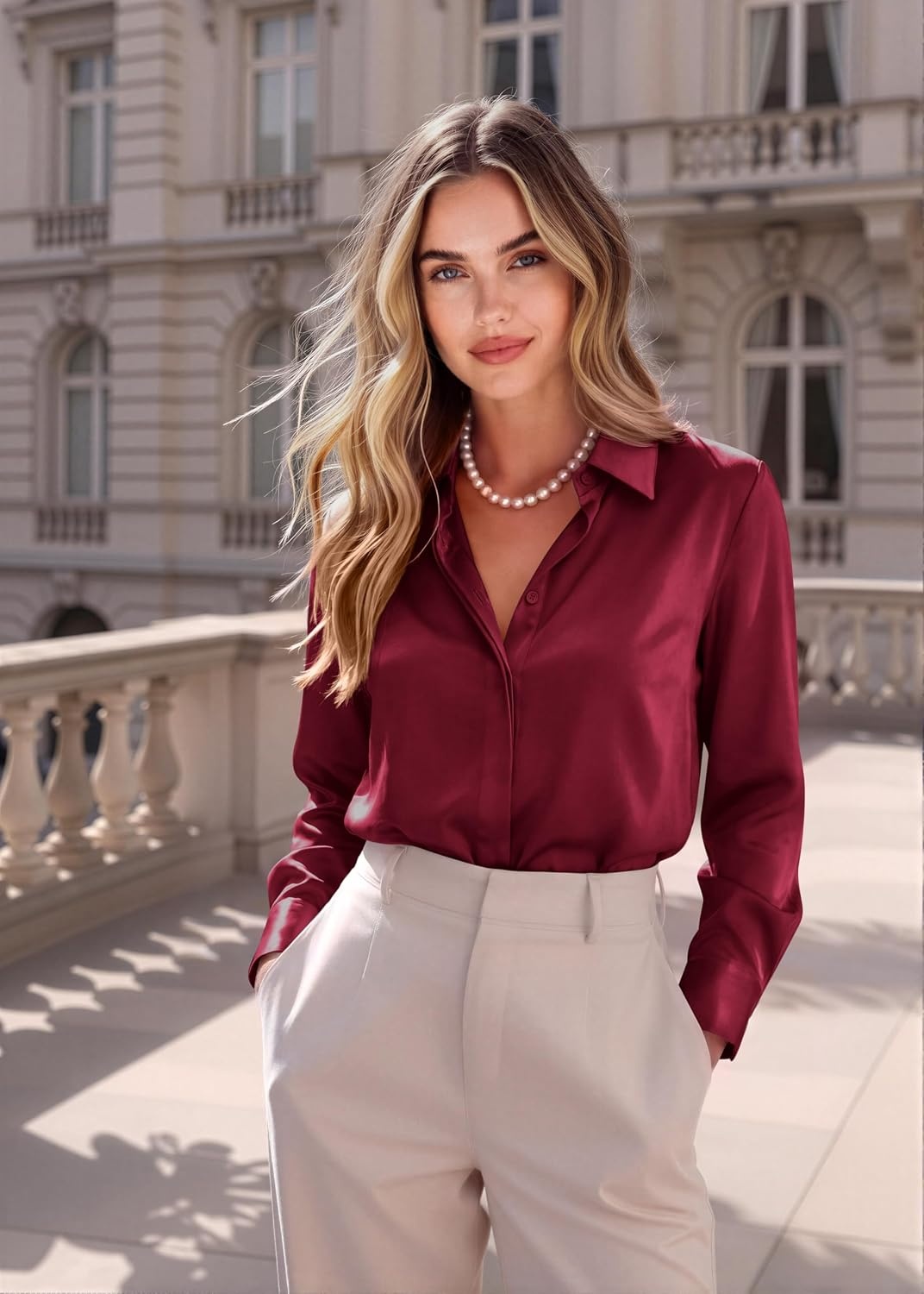 image:imageZeagoo Satin Blouses for Women Casual Long Sleeve Button Down Silk Shirts Dressy Business Work Tunic TopWine Red