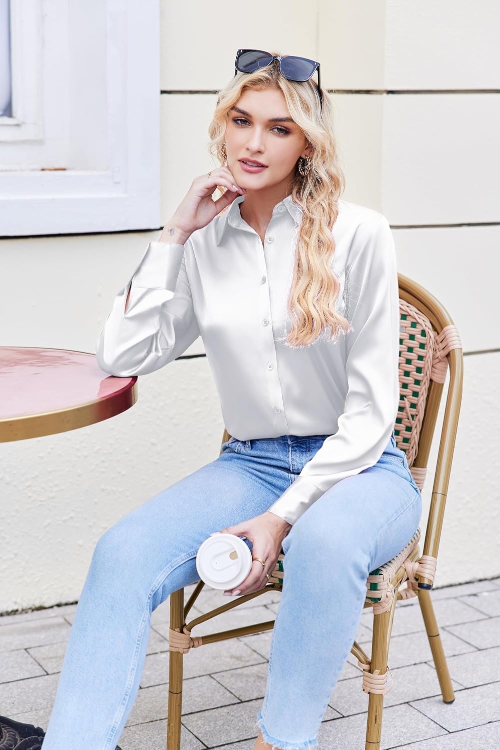 image:imageZeagoo Satin Blouses for Women Silk Button Down Shirts Long Sleeve TopsAawhite