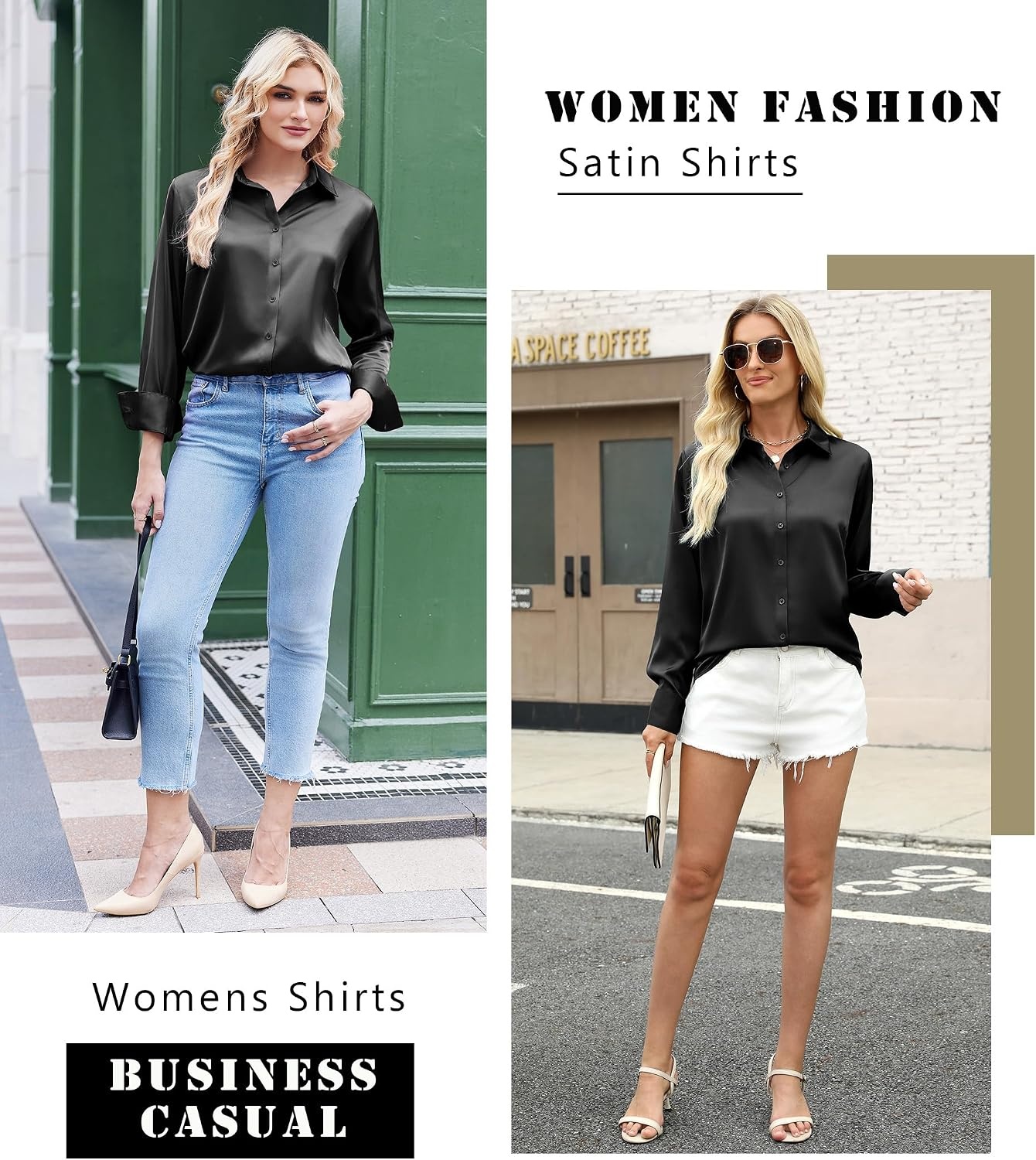 image:imageZeagoo Satin Blouses for Women Silk Button Down Shirts Long Sleeve TopsBlack