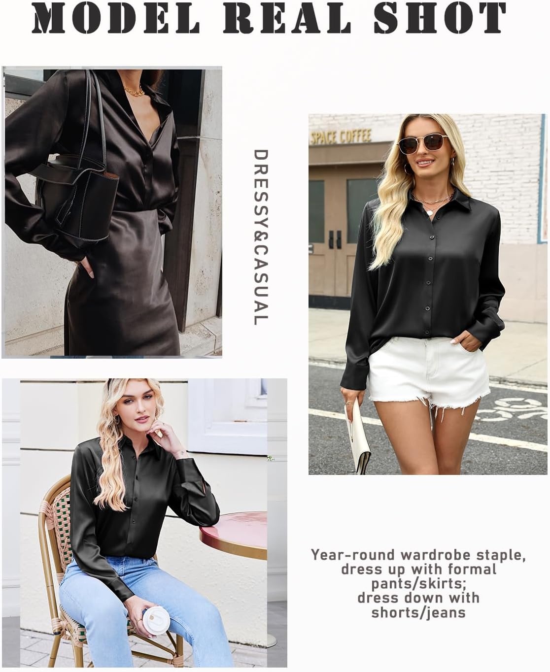 image:imageZeagoo Satin Blouses for Women Silk Button Down Shirts Long Sleeve TopsBlack
