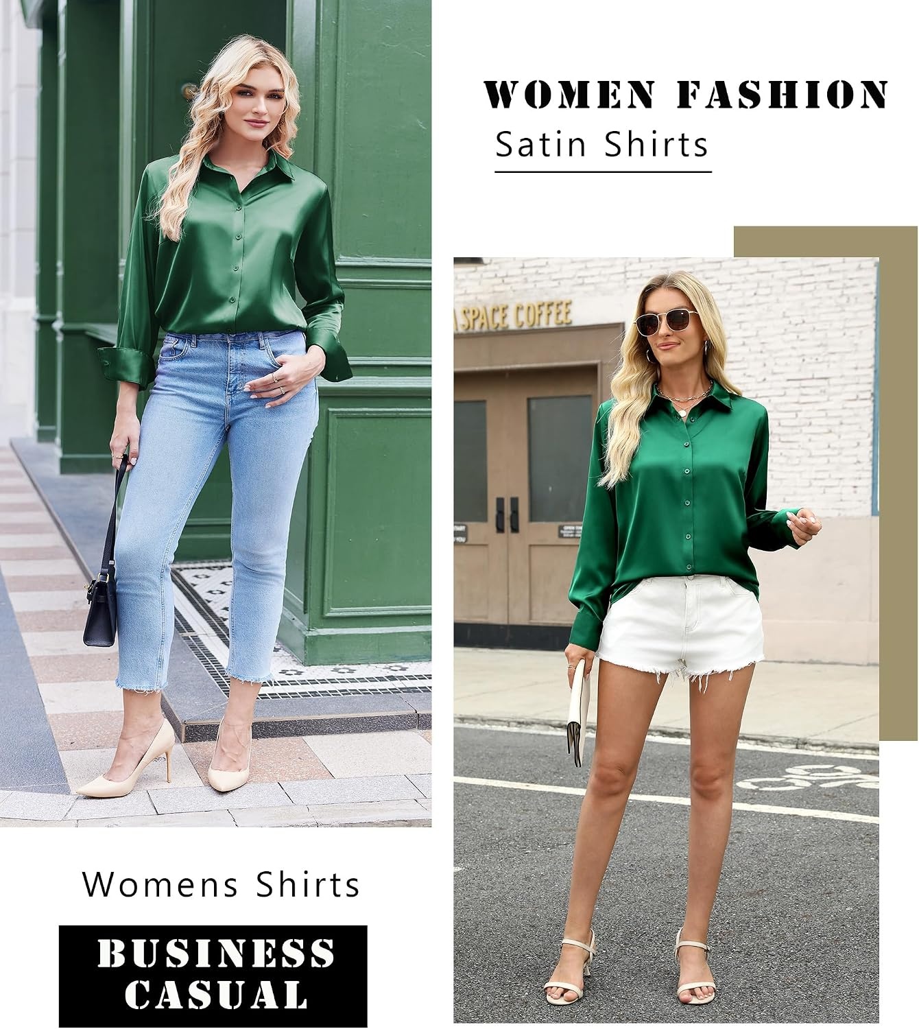 image:imageZeagoo Satin Blouses for Women Silk Button Down Shirts Long Sleeve TopsEvergreen