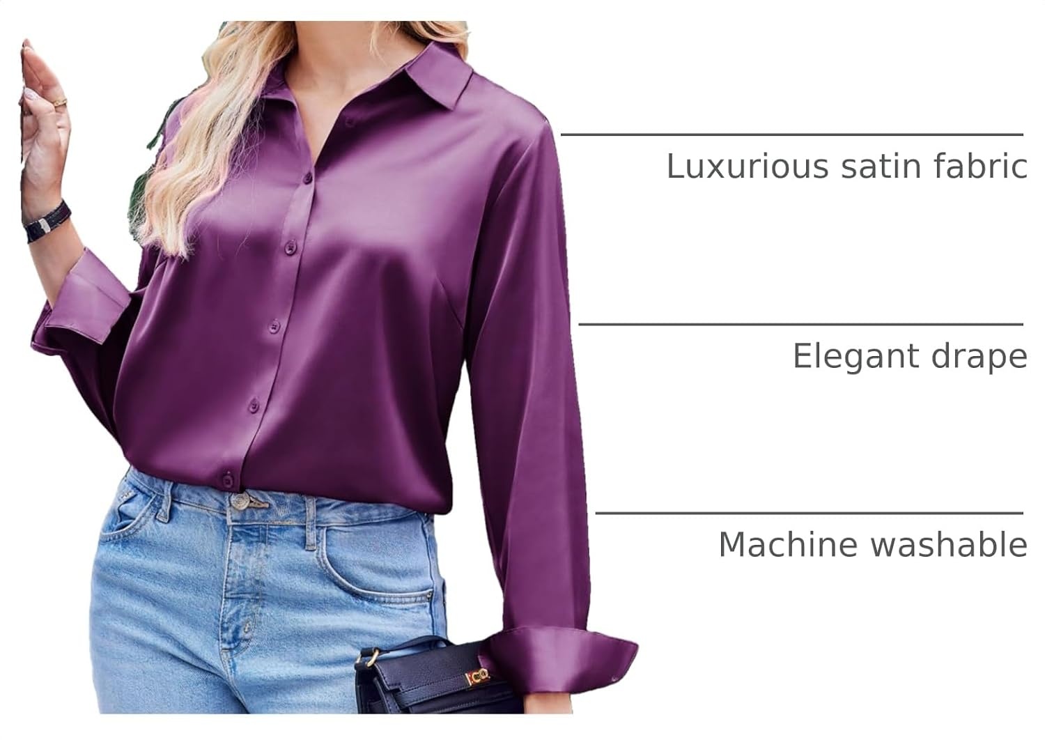image:imageZeagoo Satin Blouses for Women Silk Button Down Shirts Long Sleeve TopsPurple
