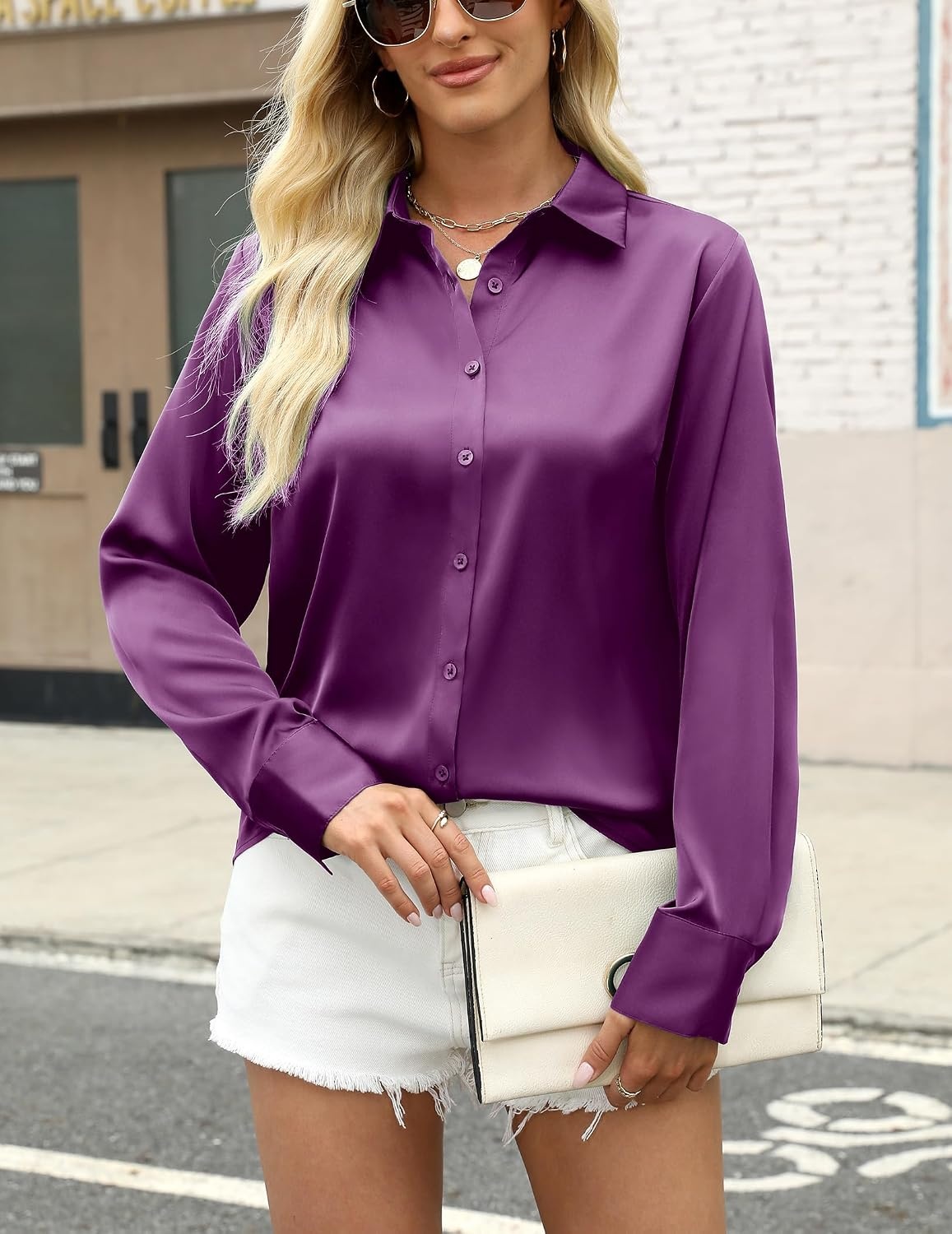 image:imageZeagoo Satin Blouses for Women Silk Button Down Shirts Long Sleeve TopsPurple