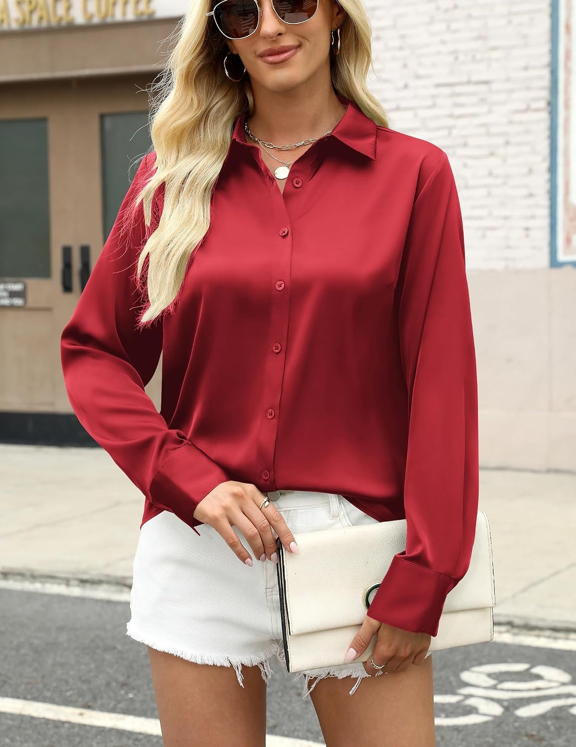 image:imageZeagoo Satin Blouses for Women Silk Button Down Shirts Long Sleeve TopsRed