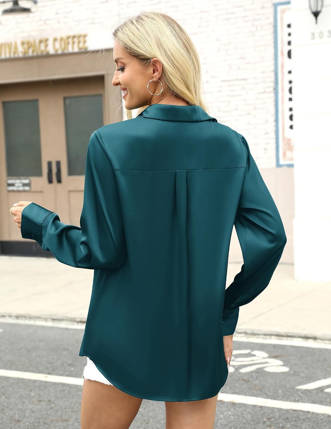 image:imageZeagoo Satin Blouses for Women Silk Button Down Shirts Long Sleeve TopsTeal Blue