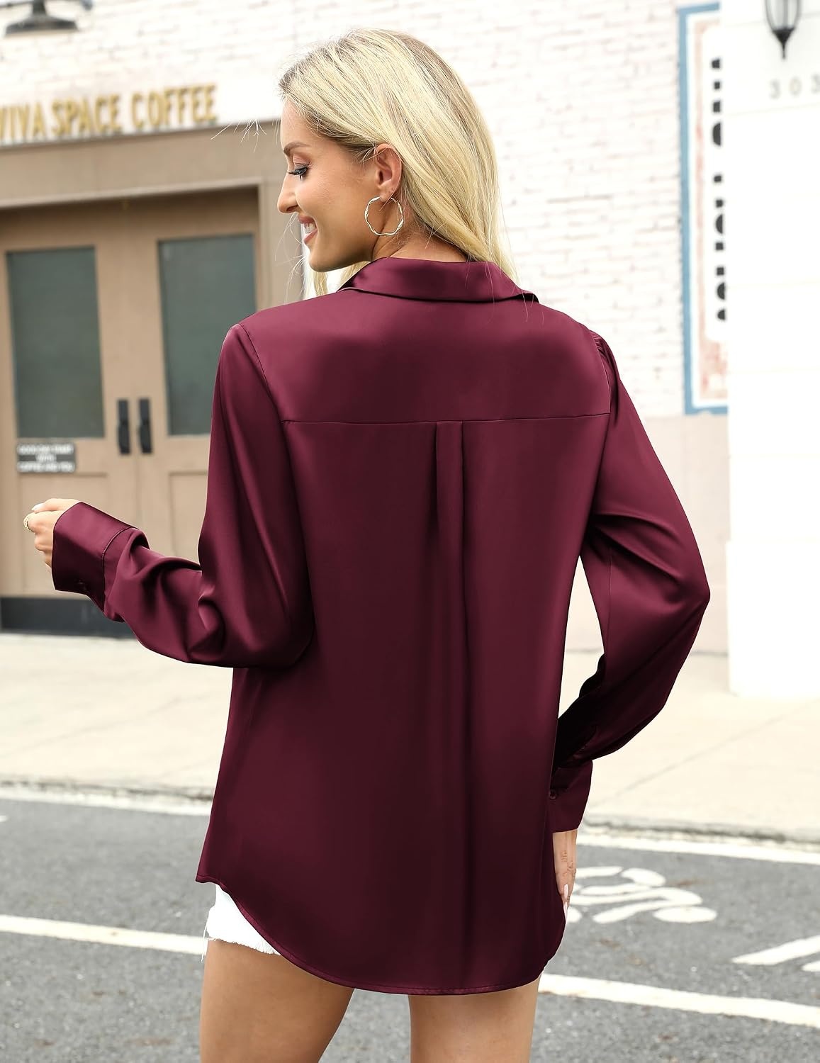 image:imageZeagoo Satin Blouses for Women Silk Button Down Shirts Long Sleeve TopsWine Red