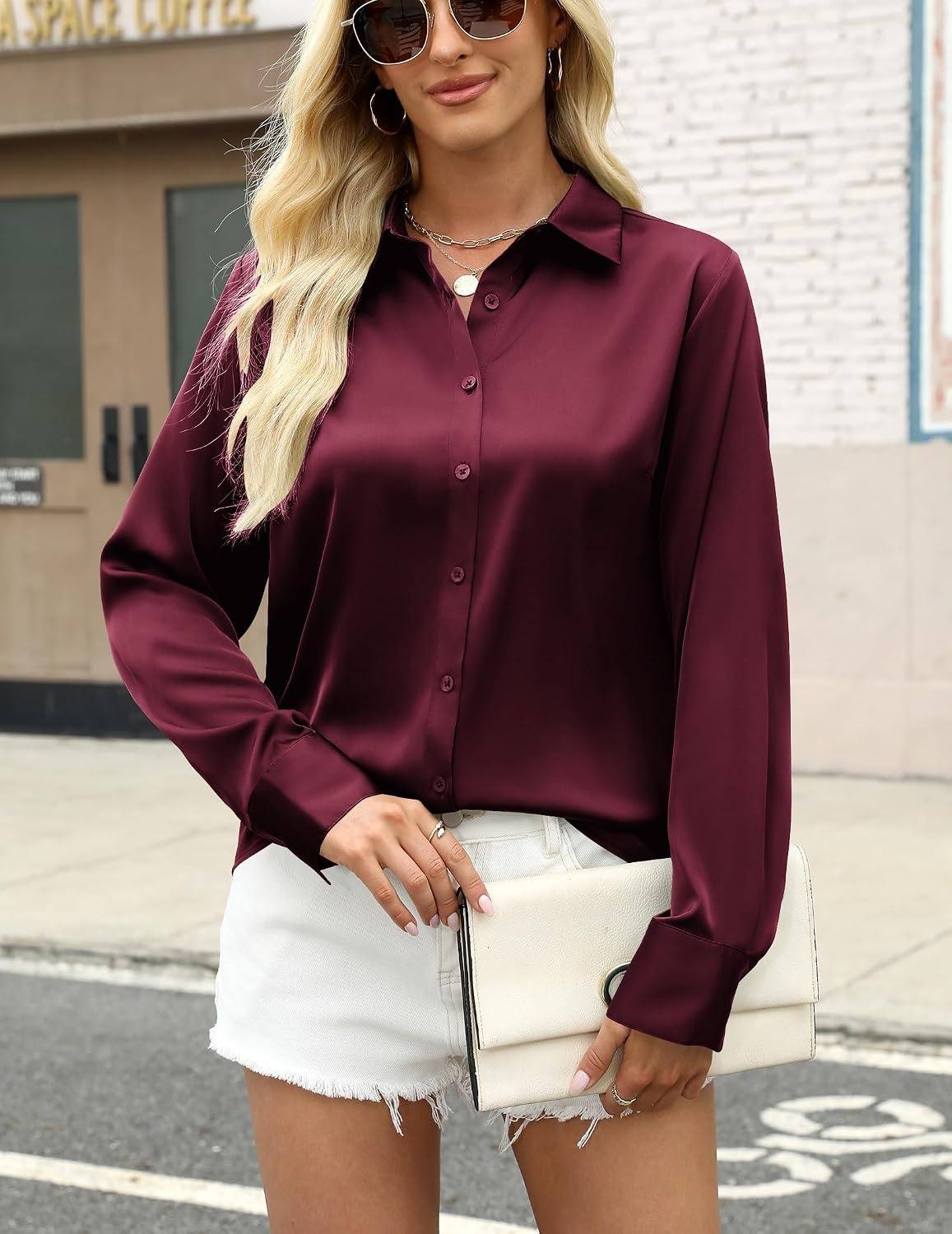 image:imageZeagoo Satin Blouses for Women Silk Button Down Shirts Long Sleeve TopsWine Red