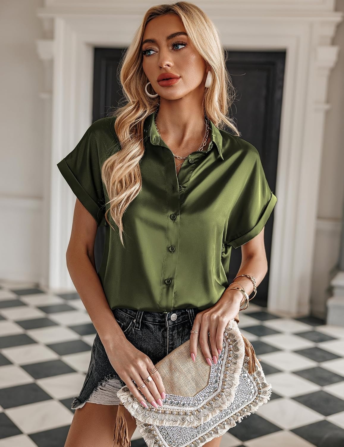 image:imageZeagoo Satin Blouses for Women Silk Button Down Shirts Short Sleeve Tops Work Business Casual Summer OutfitsArmy Green