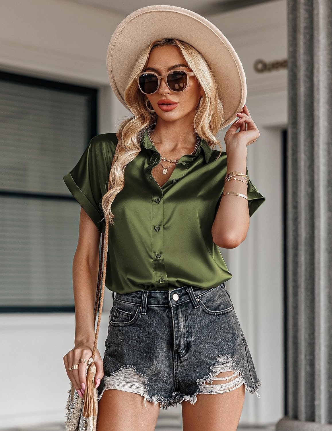 image:imageZeagoo Satin Blouses for Women Silk Button Down Shirts Short Sleeve Tops Work Business Casual Summer OutfitsArmy Green