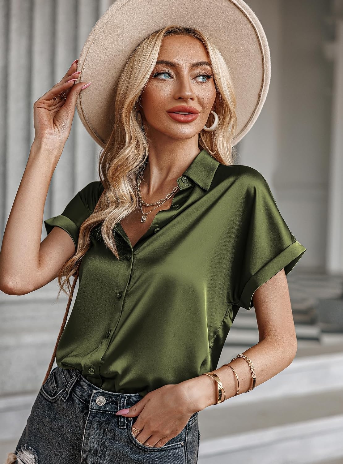 image:imageZeagoo Satin Blouses for Women Silk Button Down Shirts Short Sleeve Tops Work Business Casual Summer OutfitsArmy Green