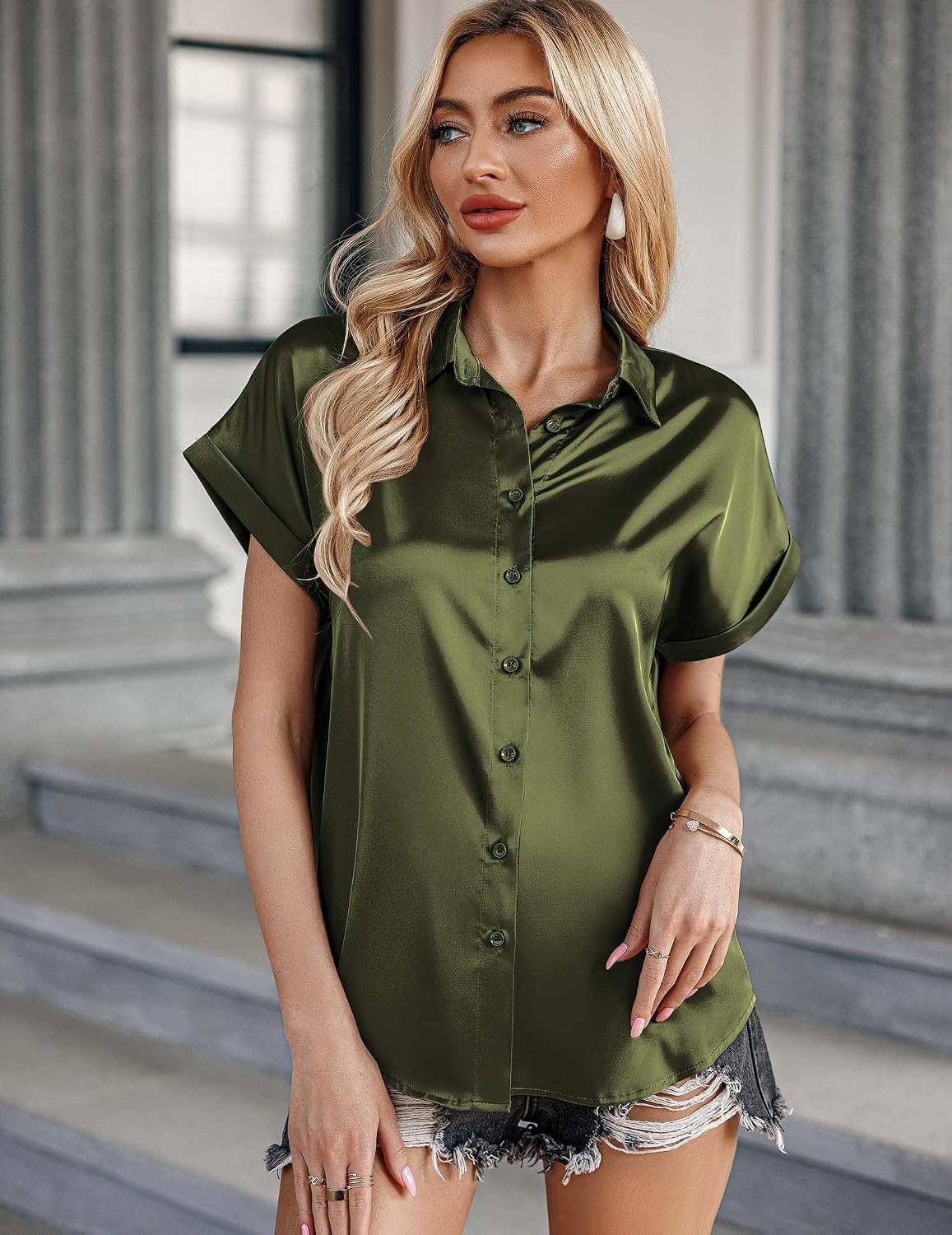image:imageZeagoo Satin Blouses for Women Silk Button Down Shirts Short Sleeve Tops Work Business Casual Summer OutfitsArmy Green