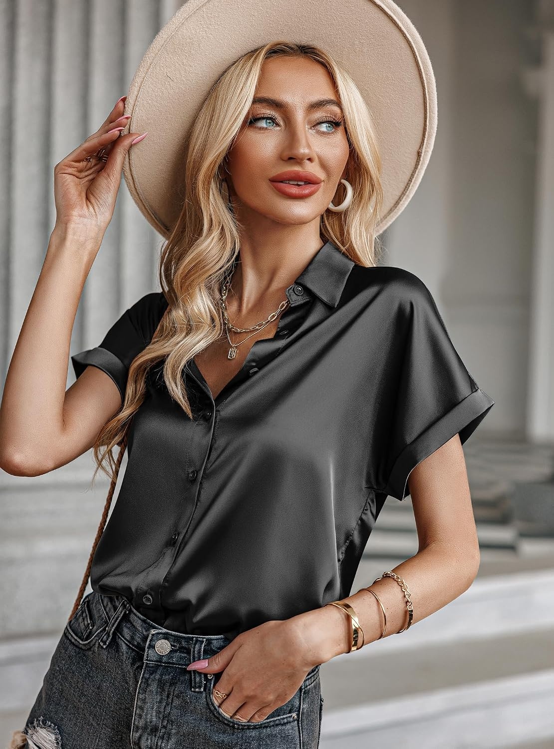 image:imageZeagoo Satin Blouses for Women Silk Button Down Shirts Short Sleeve Tops Work Business Casual Summer OutfitsBlack