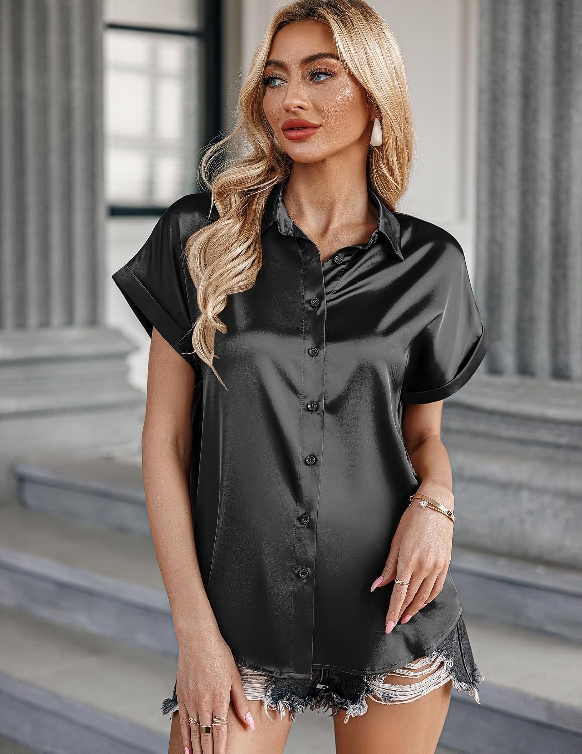 image:imageZeagoo Satin Blouses for Women Silk Button Down Shirts Short Sleeve Tops Work Business Casual Summer OutfitsBlack