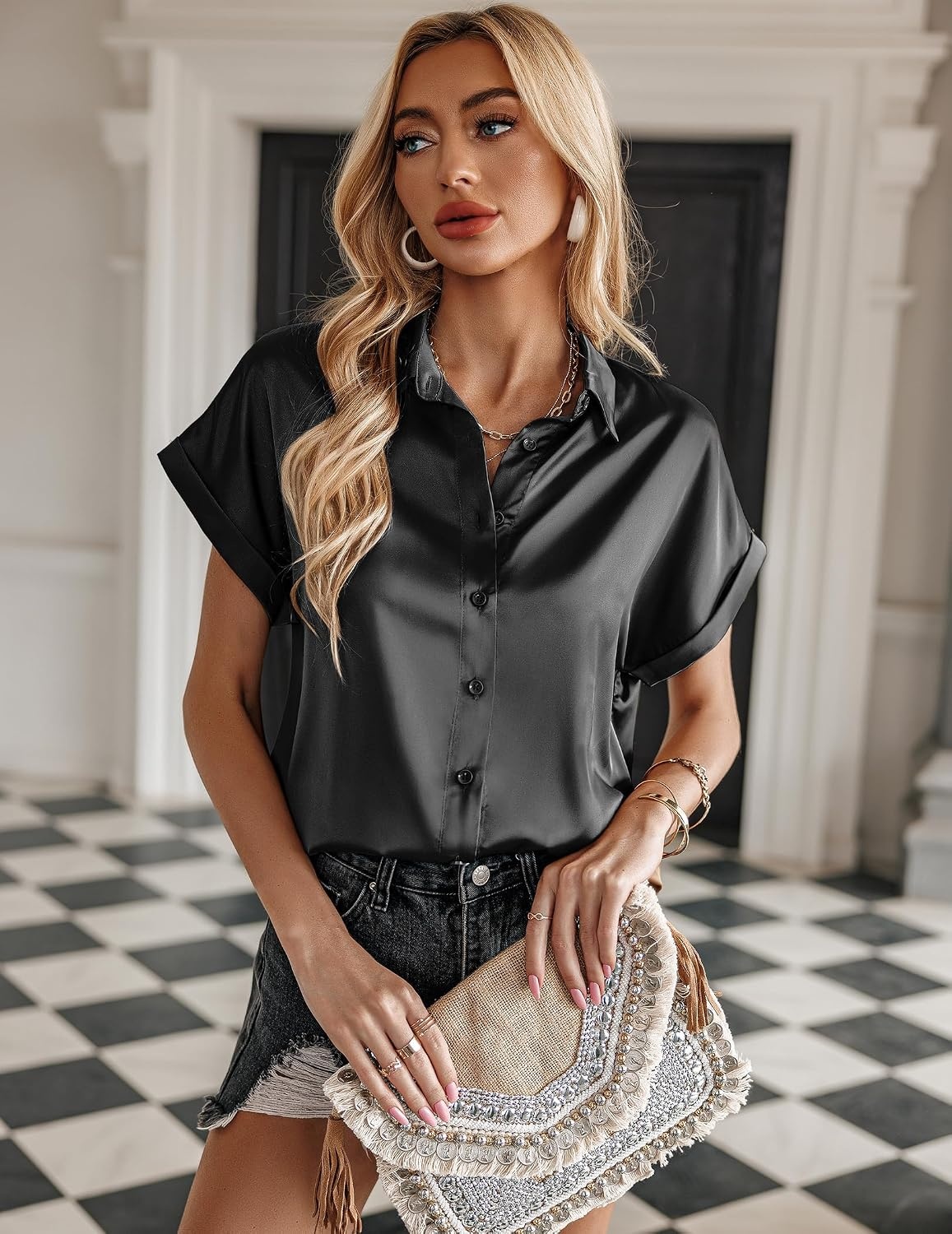 image:imageZeagoo Satin Blouses for Women Silk Button Down Shirts Short Sleeve Tops Work Business Casual Summer OutfitsBlack