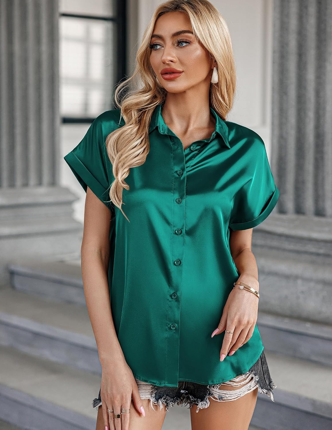 image:imageZeagoo Satin Blouses for Women Silk Button Down Shirts Short Sleeve Tops Work Business Casual Summer OutfitsGreen
