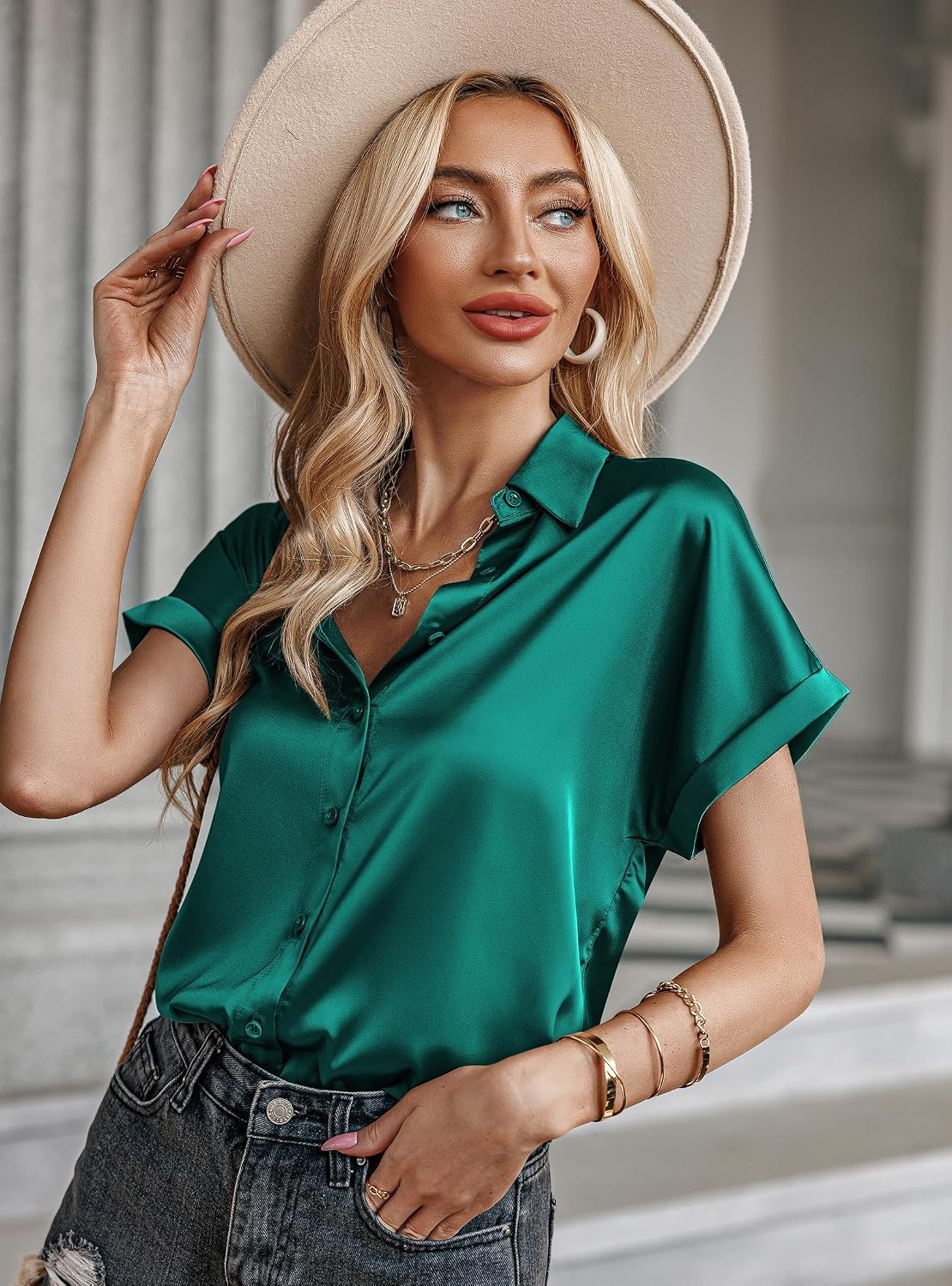 image:imageZeagoo Satin Blouses for Women Silk Button Down Shirts Short Sleeve Tops Work Business Casual Summer OutfitsGreen