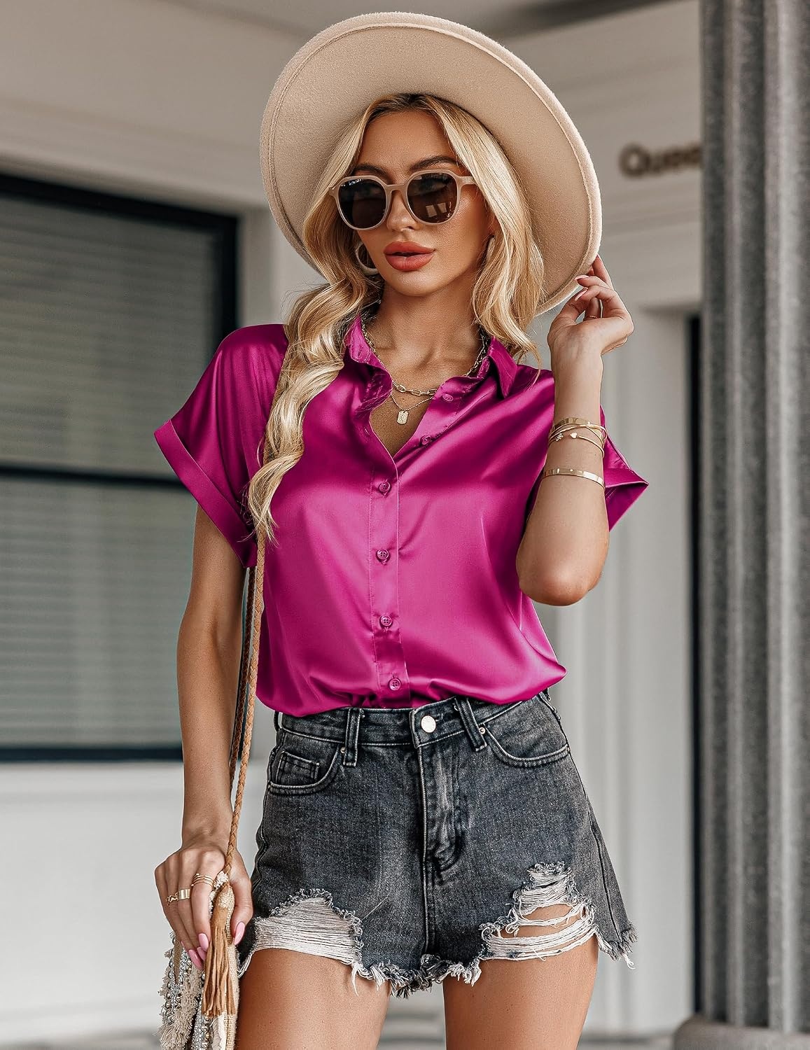 image:imageZeagoo Satin Blouses for Women Silk Button Down Shirts Short Sleeve Tops Work Business Casual Summer OutfitsHot Pink