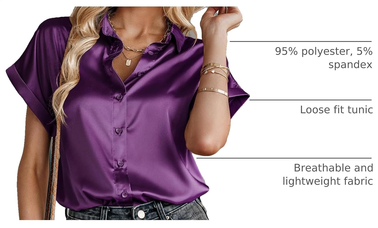 image:imageZeagoo Satin Blouses for Women Silk Button Down Shirts Short Sleeve Tops Work Business Casual Summer OutfitsPurple