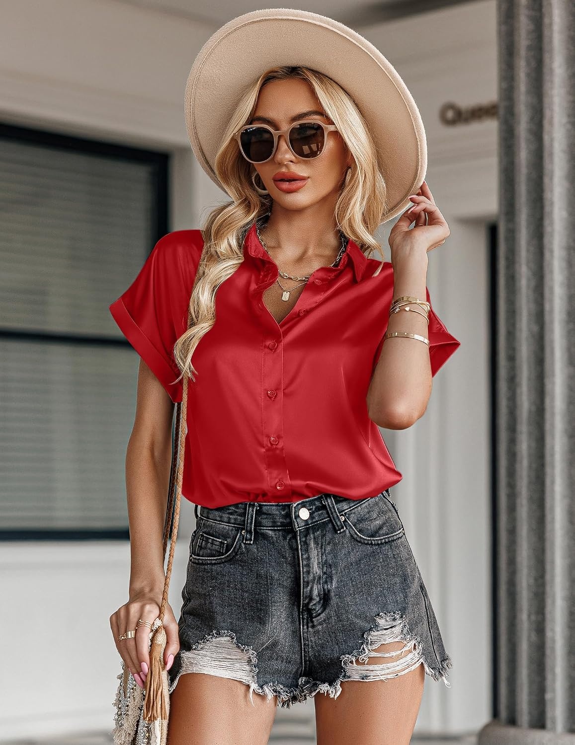 image:imageZeagoo Satin Blouses for Women Silk Button Down Shirts Short Sleeve Tops Work Business Casual Summer OutfitsRed