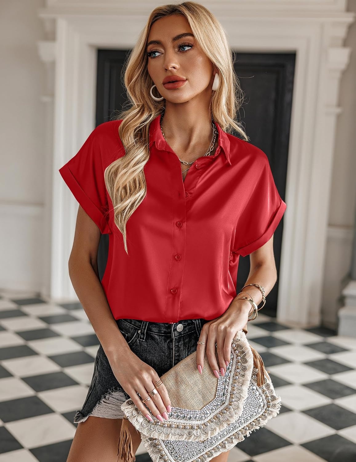 image:imageZeagoo Satin Blouses for Women Silk Button Down Shirts Short Sleeve Tops Work Business Casual Summer OutfitsRed