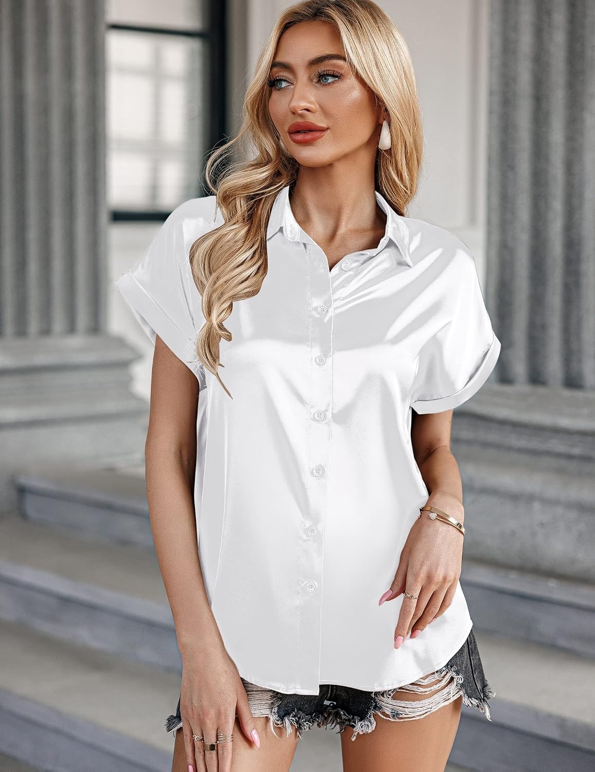 image:imageZeagoo Satin Blouses for Women Silk Button Down Shirts Short Sleeve Tops Work Business Casual Summer OutfitsWhite