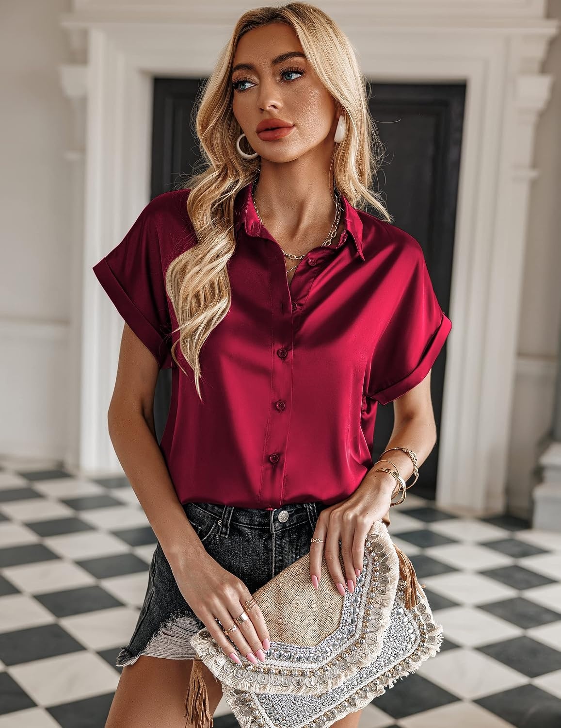 image:imageZeagoo Satin Blouses for Women Silk Button Down Shirts Short Sleeve Tops Work Business Casual Summer OutfitsWine Red