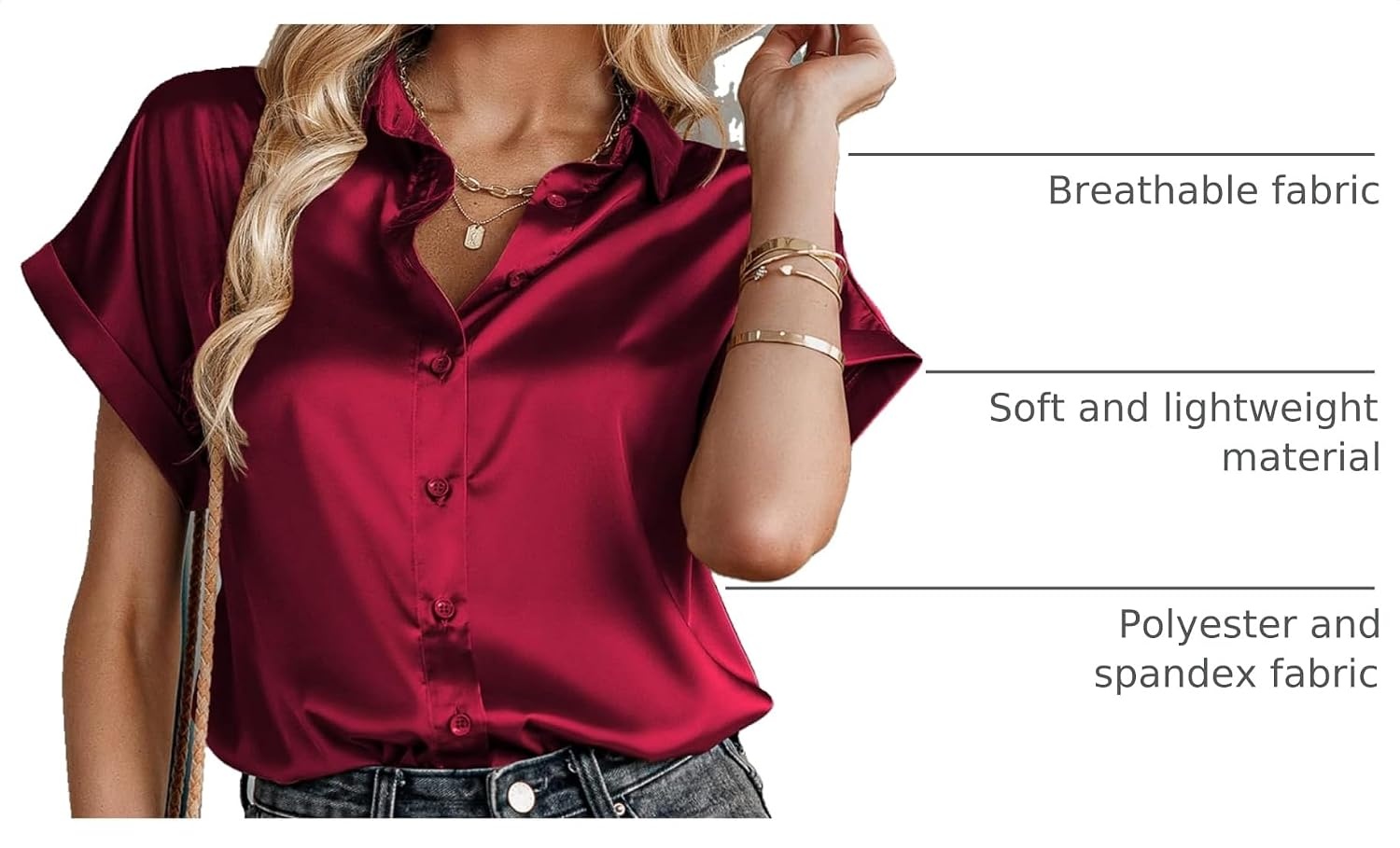image:imageZeagoo Satin Blouses for Women Silk Button Down Shirts Short Sleeve Tops Work Business Casual Summer OutfitsWine Red