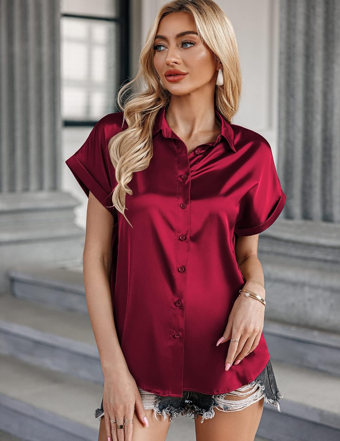 image:imageZeagoo Satin Blouses for Women Silk Button Down Shirts Short Sleeve Tops Work Business Casual Summer OutfitsWine Red